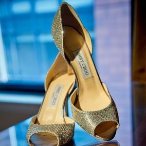 JIMMY CHOO Logan Glitter Peep-Toe Pumps size 38.5